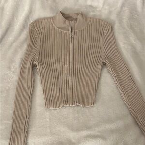 Ribbed Tan Zip-Up Sweater